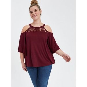 Torrid Size 3 Knit Jersey Crew Neck Lace Inset Cold Shoulder Top NWT Zinfandel